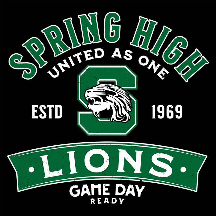 A black graphic design featuring green and white text and a lion emblem. The design reads 'SPRING HIGH, UNITED AS ONE, ESTD 1969, LIONS, and GAME DAY READY' with a large green letter S and lion head in the center. Spring High School Lions Women's Black SoftStyle T-shirt 221