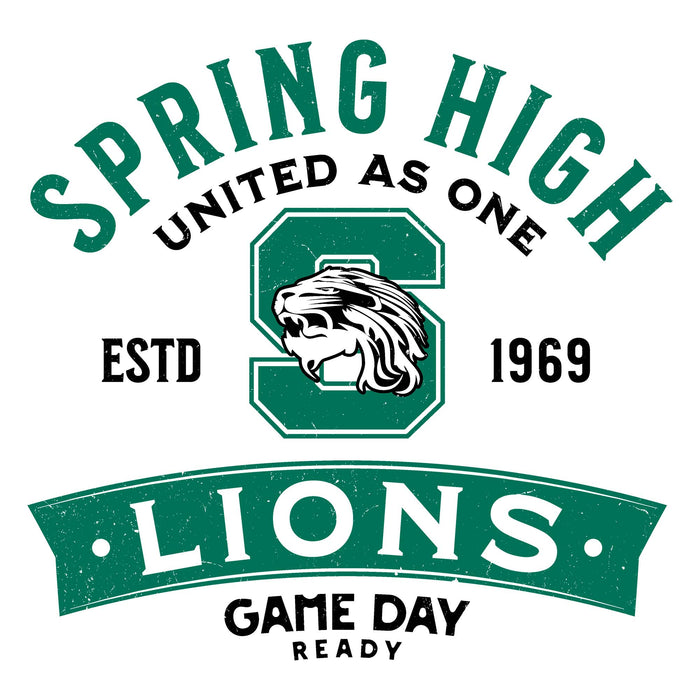 A vintage-style sports graphic reading 'SPRING HIGH,  UNITED AS ONE,  ESTD 1969,  LIONS GAME DAY READY' with a large green letter S and lion head logo on a white background. Spring High School Lions Unisex 3/4 Sleeve Raglan T-shirt 221