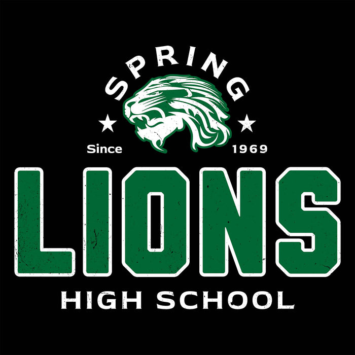 A black square graphic with a green and white lion head logo above the words 'SPRING LIONS HIGH SCHOOL' and 'Since 1969'. The word 'LIONS' is shown in large green block letters with white outlines. Spring High School Lions Women's Black SoftStyle T-shirt 222