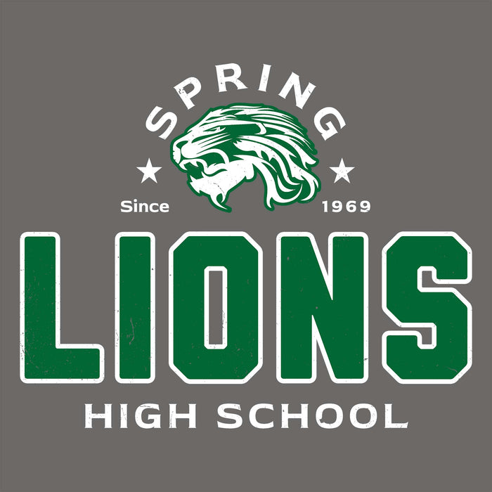 A graphic design featuring a green and white lion head logo with the words 'SPRING LIONS HIGH SCHOOL' and 'Since 1969' on a solid dark gray background. Spring High School Lions Dark Grey Classic Unisex T-shirt 222