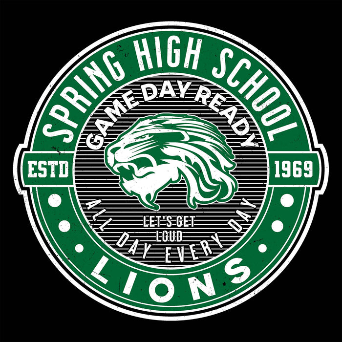 A circular green and white sports logo reading "SPRING HIGH SCHOOL" and "LIONS" with a lion head illustration in the center, plus the text "GAME DAY READY," "ESTD 1969," and "LET'S GET LOUD EVERY DAY," shown on a black background. Spring High School Lions Women's Black SoftStyle T-shirt 224