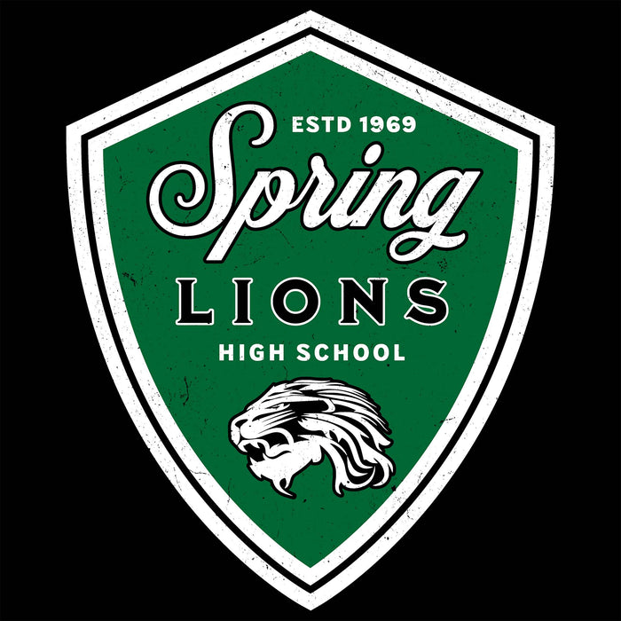 A shield-shaped Spring Lions High School emblem with a green center, white border, white script and block lettering, and a white lion head illustration on a black background. Spring High School Lions Women's Black SoftStyle T-shirt 225