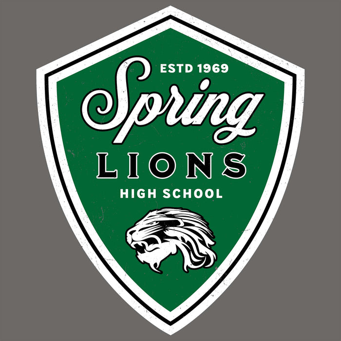 A shield-shaped Spring Lions High School emblem with a green background, white border, white script and block lettering, and a white lion head illustration on a dark gray backdrop. Spring High School Lions Dark Grey Classic Unisex T-shirt 225