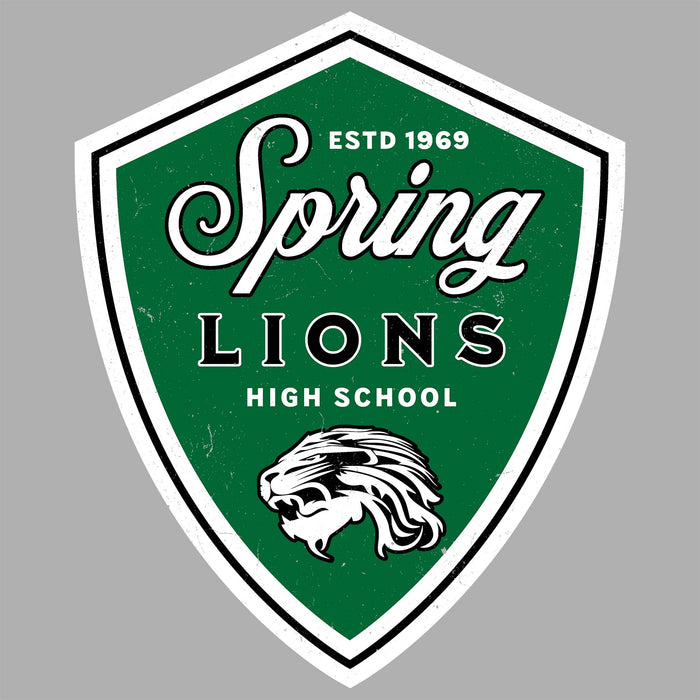 A shield-shaped green, white, and black Spring Lions High School logo with a lion head illustration, shown on a plain gray background. Spring High School Lions Unisex 3/4 Sleeve Raglan T-shirt 225A