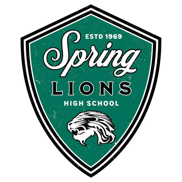 A shield-shaped Spring Lions High School logo with a distressed green background, white and black text, and a lion head illustration at the bottom. Spring High School Lions Unisex 3/4 Sleeve Raglan T-shirt 225