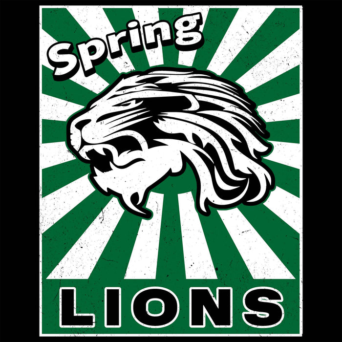 A square graphic design with the words 'Spring LIONS' and a stylized lion head over green and white sunburst rays. The lion artwork and text are outlined in black, and the design has a distressed, vintage look. Spring High School Lions Women's Black SoftStyle T-shirt 226