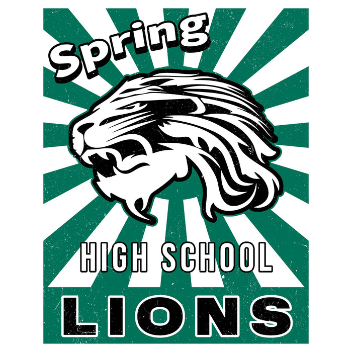 A spring high school lions graphic featuring a roaring lion head illustration over a green and white sunburst background, with the words 'Spring HIGH SCHOOL LIONS' in bold lettering. Spring High School Lions Unisex 3/4 Sleeve Raglan T-shirt 226