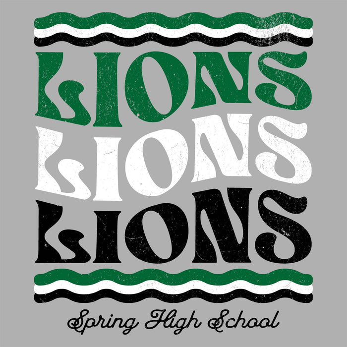 A graphic design featuring the word 'LIONS' repeated three times in green, white, and black distressed block letters, with wavy black and white stripes above and below. Below the main text reads 'Spring High School' in black script on a light gray background. Spring High School Lions Women's Grey SoftStyle T-shirt 227