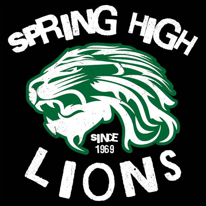 A black graphic design featuring a green and white lion head mascot with the text 'SPRING HIGH' above and 'LIONS' below, plus 'SINCE 1969' in small white text. Spring High School Lions Women's Black SoftStyle T-shirt 228