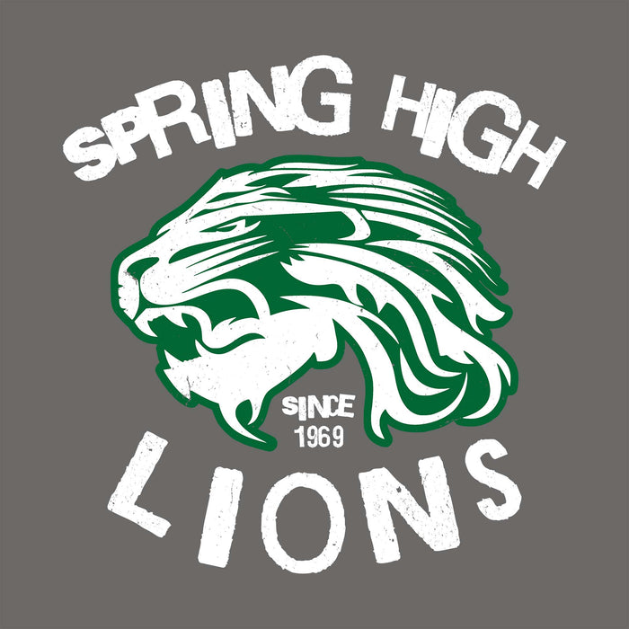 A graphic design featuring a green and white lion head mascot with the text 'SPRING HIGH LIONS' and 'SINCE 1969' on a solid dark gray background. Spring High School Lions Dark Grey Classic Unisex T-shirt 228
