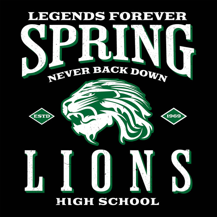 A black graphic design featuring the words 'LEGENDS FOREVER', 'SPRING', 'NEVER BACK DOWN', a green and white lion head mascot, 'ESTD 1969', and 'LIONS HIGH SCHOOL' in distressed white and green lettering. Spring High School Lions Women's Black SoftStyle T-shirt 230