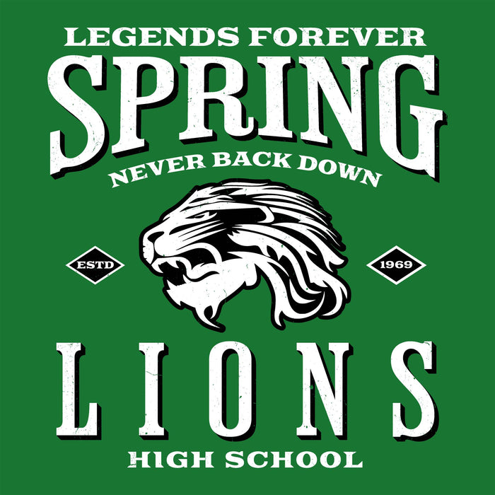 A green graphic design with distressed white text reading 'LEGENDS FOREVER SPRING NEVER BACK DOWN LIONS HIGH SCHOOL,' plus a large lion head illustration and small diamond-shaped 'ESTD 1969' marks. Spring High School Lions Turf Green Classic Unisex T-shirt 230