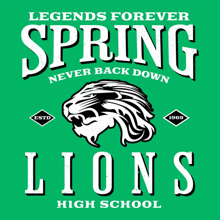 A green graphic design with distressed white text reading 'LEGENDS FOREVER SPRING NEVER BACK DOWN LIONS HIGH SCHOOL' and a large lion head illustration in the center. Spring High School Lions Women's Irish Green SoftStyle T-shirt 230