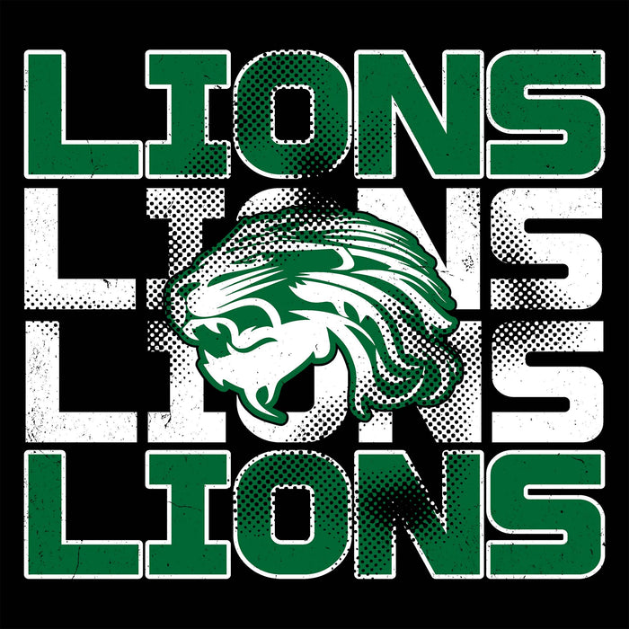 A graphic design featuring the word 'LIONS' repeated vertically in green and white block letters with a green lion head mascot in the center, set on a black background. Spring High School Lions Women's Black SoftStyle T-shirt 233