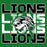 A green square graphic with the word 'LIONS' repeated in large black and white block letters, overlaid with a stylized lion head illustration in black and white with halftone texture. Spring High School Lions Turf Green Classic Unisex T-shirt 233