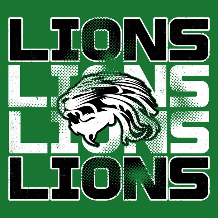 A green square graphic with the word 'LIONS' repeated in large black and white block letters, overlaid with a stylized lion head illustration in black and white with halftone texture. Spring High School Lions Turf Green Classic Unisex T-shirt 233