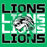 A graphic design featuring the word 'LIONS' repeated vertically in bold black and white block letters with a stylized lion head mascot in the center, all on a bright green background. Spring High School Lions Women's Irish Green SoftStyle T-shirt 233