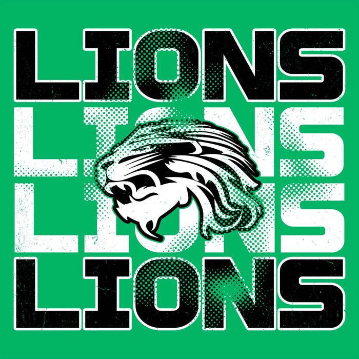 A graphic design featuring the word 'LIONS' repeated vertically in bold black and white block letters with a stylized lion head mascot in the center, all on a bright green background. Spring High School Lions Women's Irish Green SoftStyle T-shirt 233