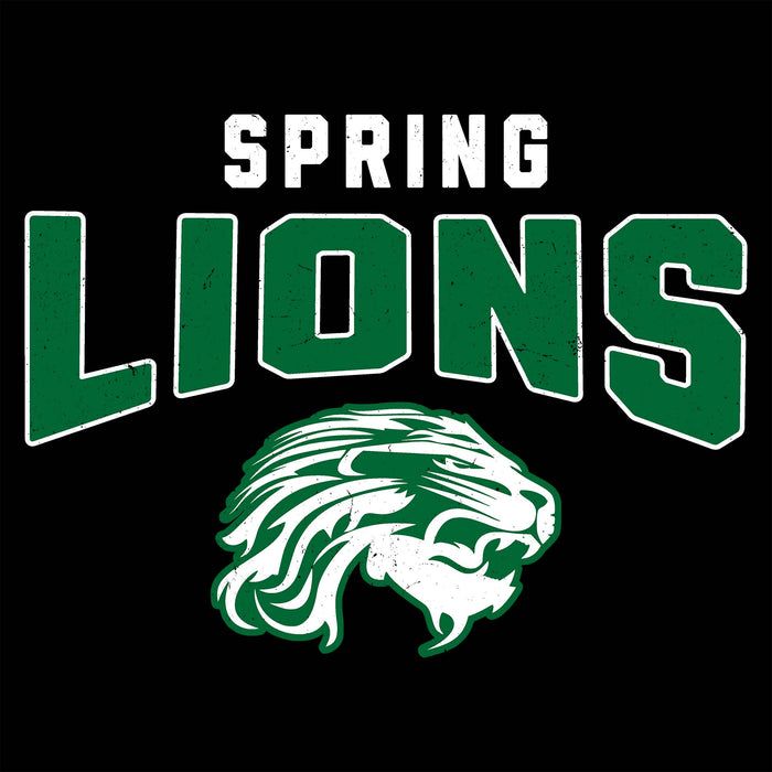 A black graphic with the words 'SPRING LIONS' in distressed white and green lettering, plus a green-and-white lion head mascot below. Spring High School Lions Women's Black SoftStyle T-shirt 234