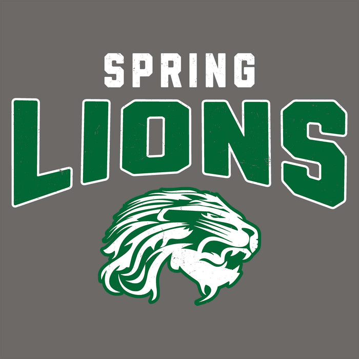 A graphic design featuring the words 'SPRING LIONS' in varsity-style lettering, with a lion head mascot below. The text is white and green with a distressed finish, set against a solid dark gray background. Spring High School Lions Dark Grey Classic Unisex T-shirt 234