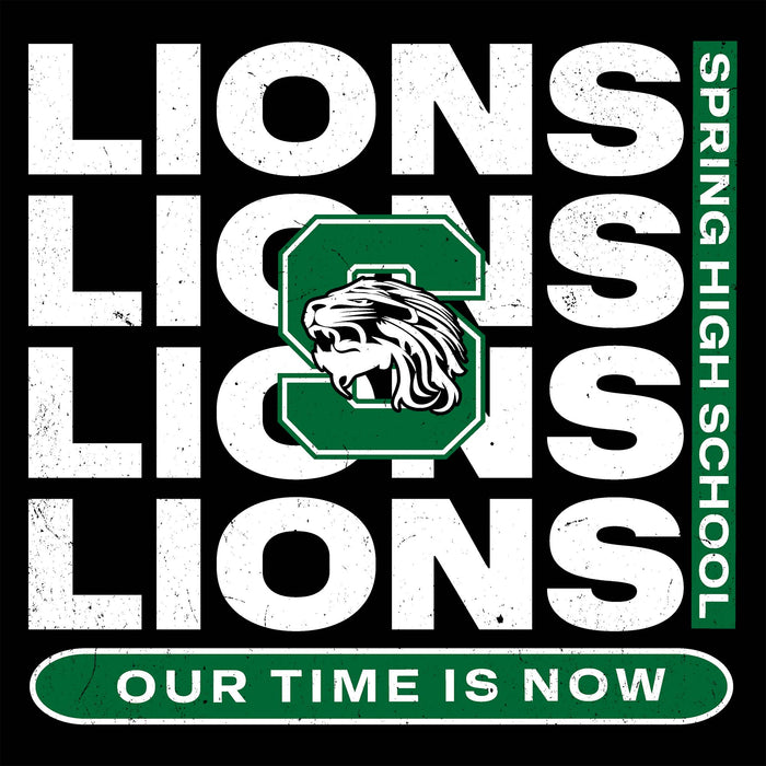 A square black-and-white graphic with repeated distressed white text reading 'LIONS' and a green-and-white lion head emblem over a large letter 'S'. A vertical green strip on the right reads 'SPRING HIGH SCHOOL', and a green rounded bar at the bottom says 'OUR TIME IS NOW'. Spring High School Lions Black Classic Unisex T-shirt 235