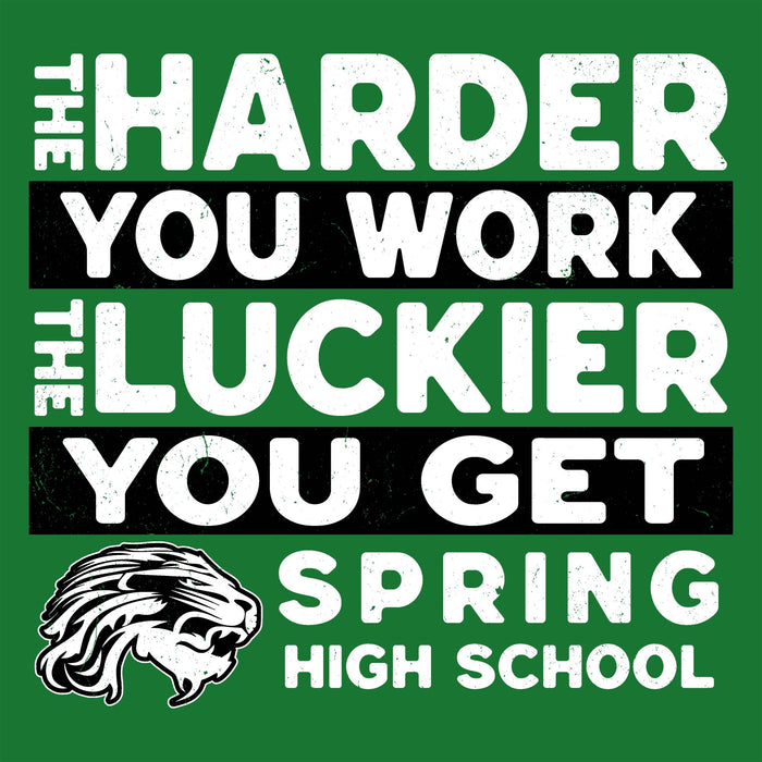 A square graphic design with a green background and bold white text reading 'THE HARDER YOU WORK THE LUCKIER YOU GET' above a lion head mascot and 'SPRING HIGH SCHOOL' in white. The text is arranged in black and white blocks. Spring High School Lions Turf Green Classic Unisex T-shirt 238