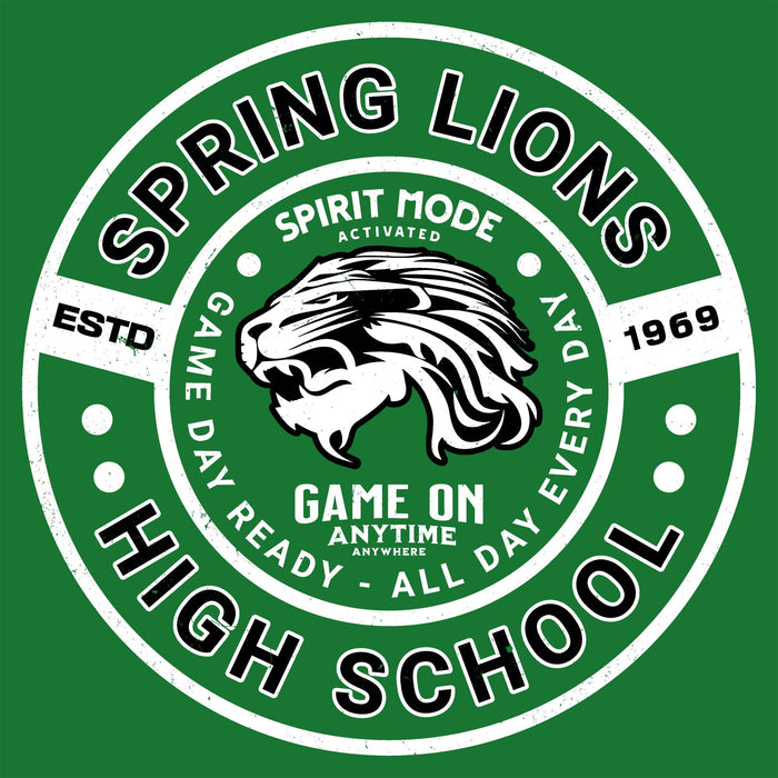 A circular green and white graphic with a lion head in the center and the words 'SPRING LIONS HIGH SCHOOL,' plus smaller text including 'ESTD 1969,' 'SPIRIT MODE ACTIVATED,' and 'GAME ON ANYTIME - ALL DAY ANYWHERE.'. Spring High School Lions Turf Green Classic Unisex T-shirt 239