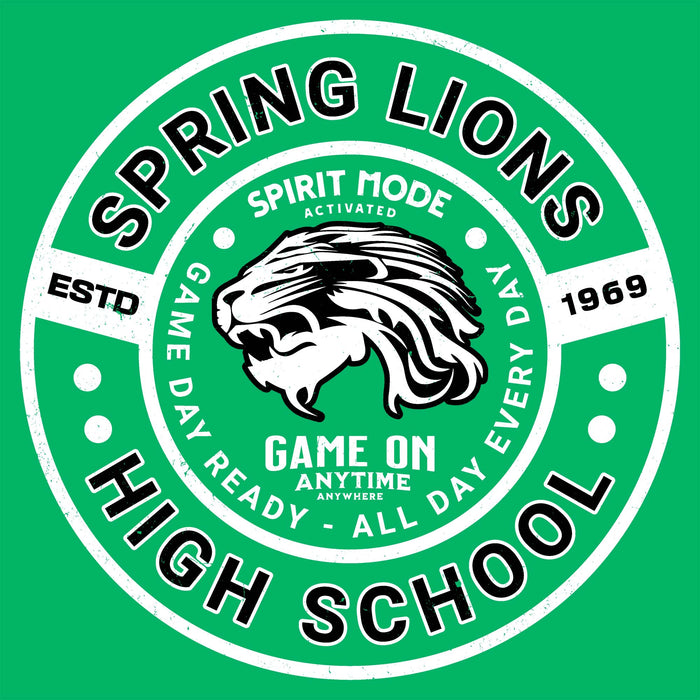 A circular green and white graphic with the words 'SPRING LIONS HIGH SCHOOL,' a black-and-white lion head in the center, and additional text including 'SPIRIT MODE ACTIVATED,' 'GAME DAY READY - ALL DAY ANYTIME,' and 'ESTD 1969.'. Spring High School Lions Women's Irish Green SoftStyle T-shirt 239