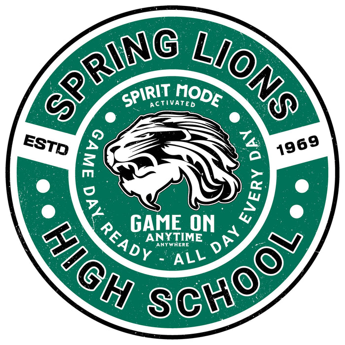 A circular green, white, and black graphic design featuring a lion head mascot and the text 'SPRING LIONS HIGH SCHOOL' with additional phrases like 'SPIRIT MODE ACTIVATED' and 'GAME ON ANYTIME'. Spring High School Lions Unisex 3/4 Sleeve Raglan T-shirt 239