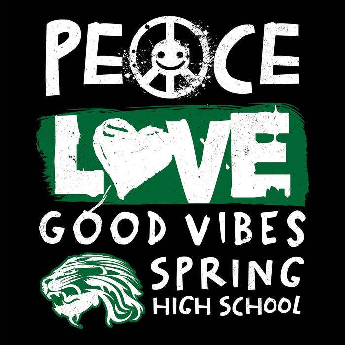 A black graphic design with distressed white text reading 'PEACE LOVE GOOD VIBES SPRING HIGH SCHOOL' and a green-and-white lion head logo, plus a peace sign with a smiley face inside the O in PEACE. The word LOVE is overlaid with a white heart shape on a green brushstroke background. Spring High School Lions Black Classic Unisex T-shirt 240