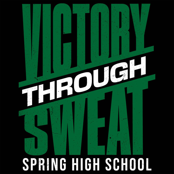 A black graphic with large distressed green text reading 'VICTORY THROUGH SWEAT' and smaller white text reading 'SPRING HIGH SCHOOL'. Spring High School Lions Unisex 3/4 Sleeve Raglan T-shirt 241