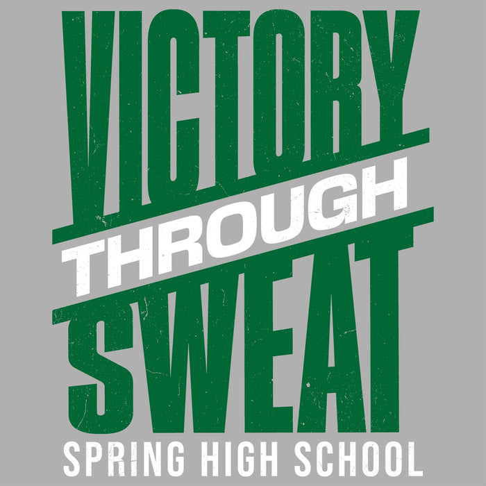A graphic design featuring the words 'VICTORY THROUGH SWEAT' in bold green and white distressed lettering, with 'SPRING HIGH SCHOOL' written below in white, set against a solid gray background. Spring High School Lions Women's Grey SoftStyle T-shirt 206
