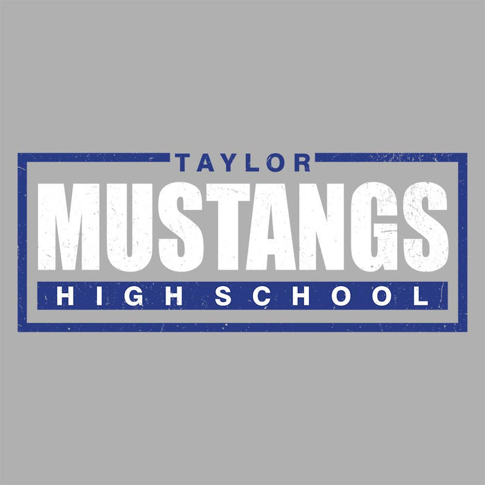 Close-up view of Taylor High School Mustangs Unisex 3/4 sleeve Raglan T-shirt 049