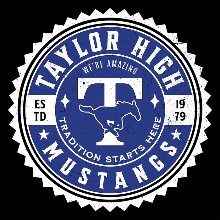 Close-up view of Taylor High School Mustangs Black Classic Unisex T-shirt 203