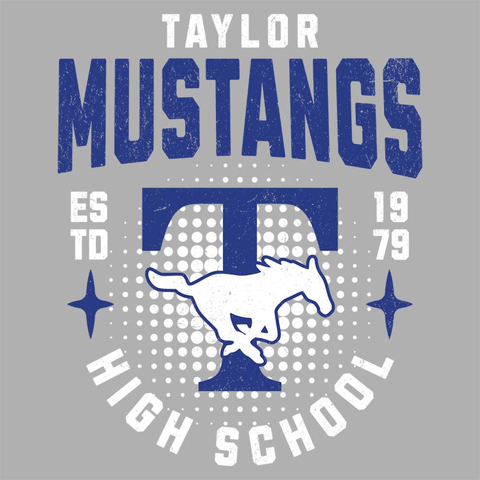 Close-up view of Taylor High School Mustangs Unisex 3/4 sleeve Raglan T-shirt 204