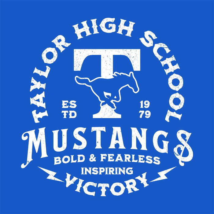 Close-up view of Taylor High School Mustangs Royal Blue Classic Unisex T-shirt 206