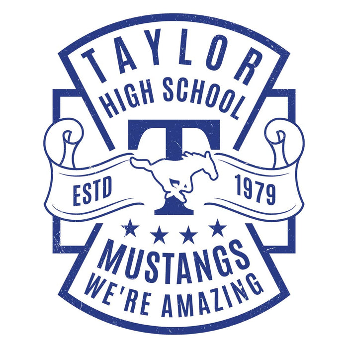 Close-up view of Taylor High School Mustangs Unisex 3/4 sleeve Raglan T-shirt 207