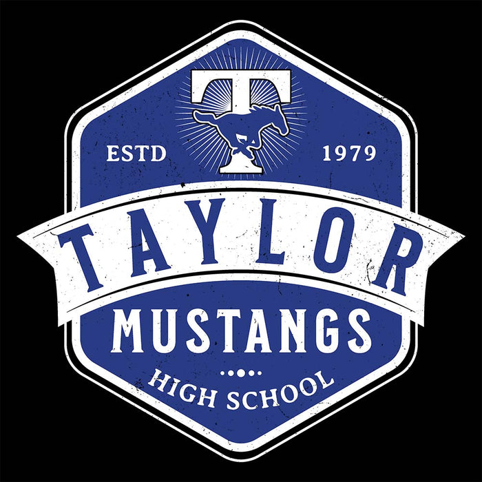 Close-up view of Taylor High School Mustangs Women's Black T-shirt 209