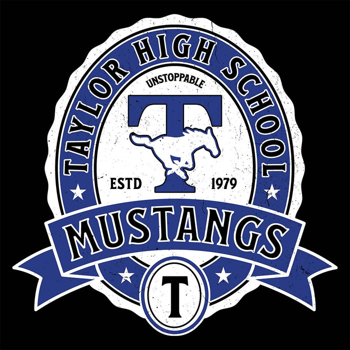 Close-up view of Taylor High School Mustangs Women's Black T-shirt 215