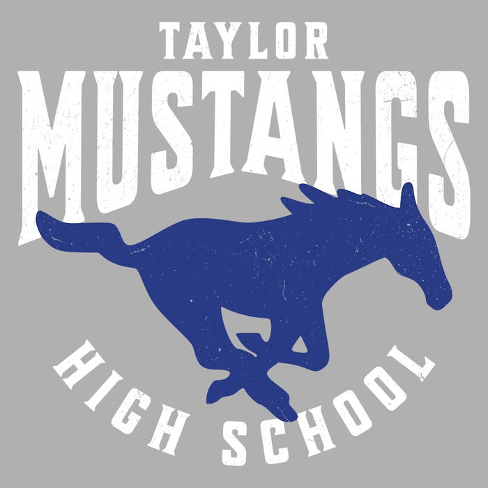 Close-up view of Taylor High School Mustangs Unisex 3/4 sleeve Raglan T-shirt 213