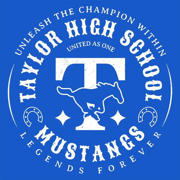 Close-up view of Taylor High School Mustangs Royal Blue Classic Unisex T-shirt 214