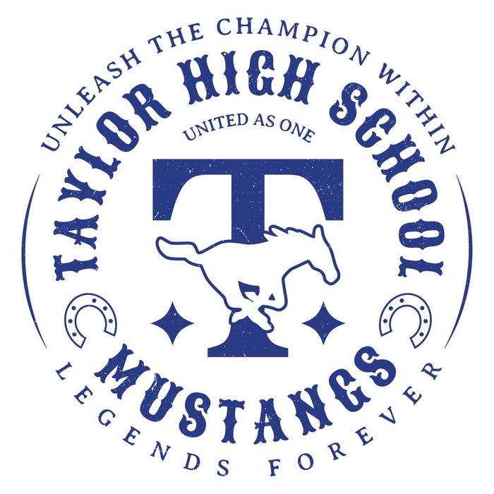 Close-up view of Taylor High School Mustangs Unisex 3/4 sleeve Raglan T-shirt 214