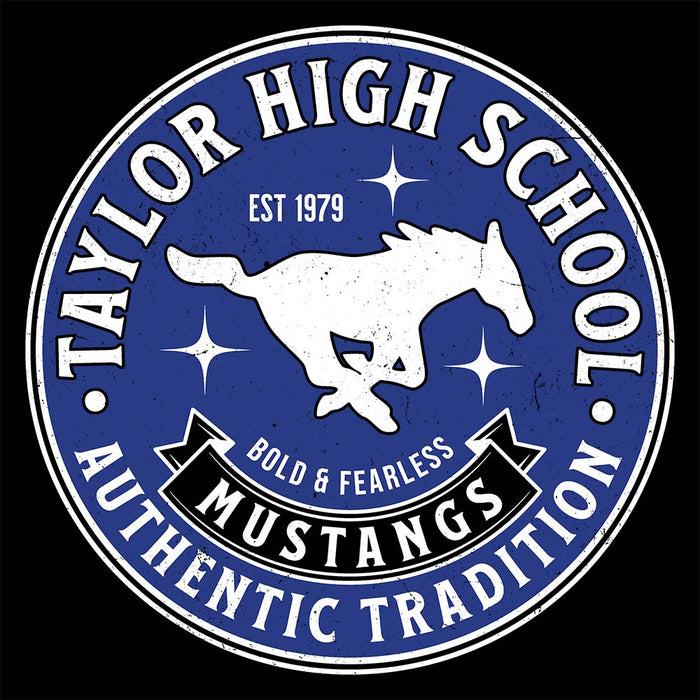 Close-up view of Taylor High School Mustangs Women's Black T-shirt 215