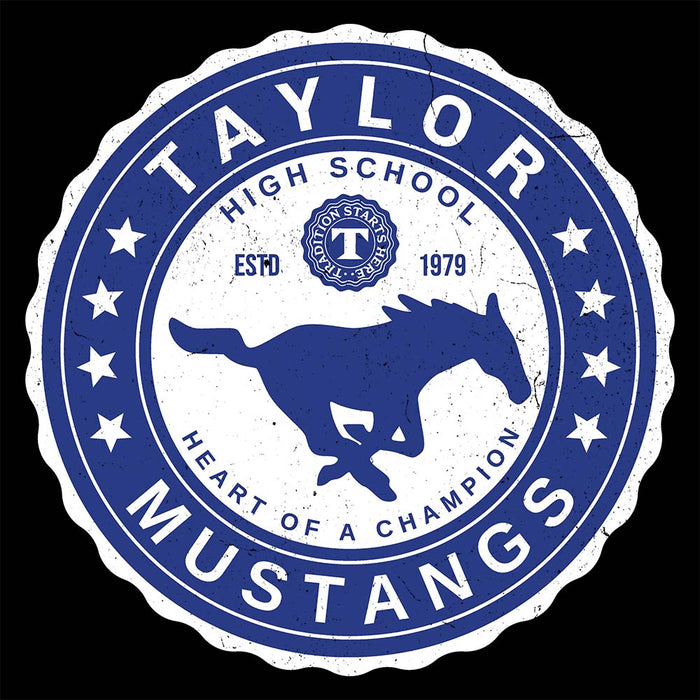 Close-up view of Taylor High School Mustangs Black Classic Unisex T-shirt 216