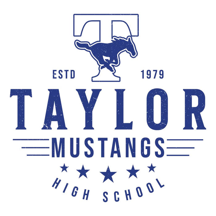 Close-up view of Taylor High School Mustangs Unisex 3/4 sleeve Raglan T-shirt 217