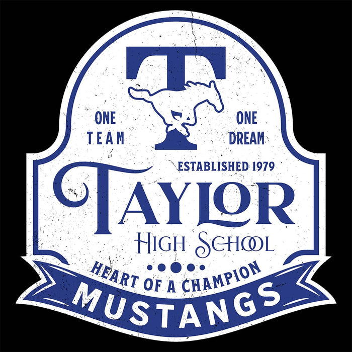 Close-up view of Taylor High School Mustangs Women's Black T-shirt 219