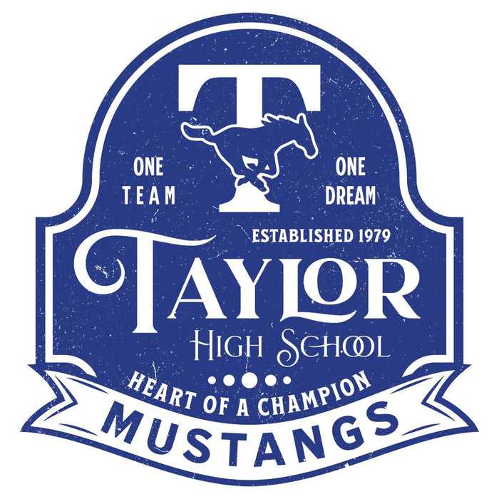 Close-up view of Taylor High School Mustangs Unisex 3/4 sleeve Raglan T-shirt 219