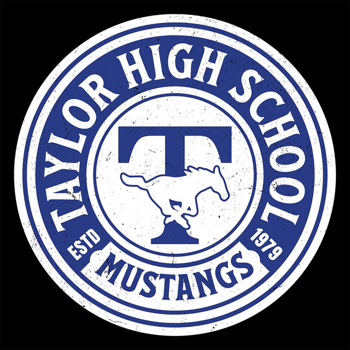 Close-up view of Taylor High School Mustangs Women's Black T-shirt 220