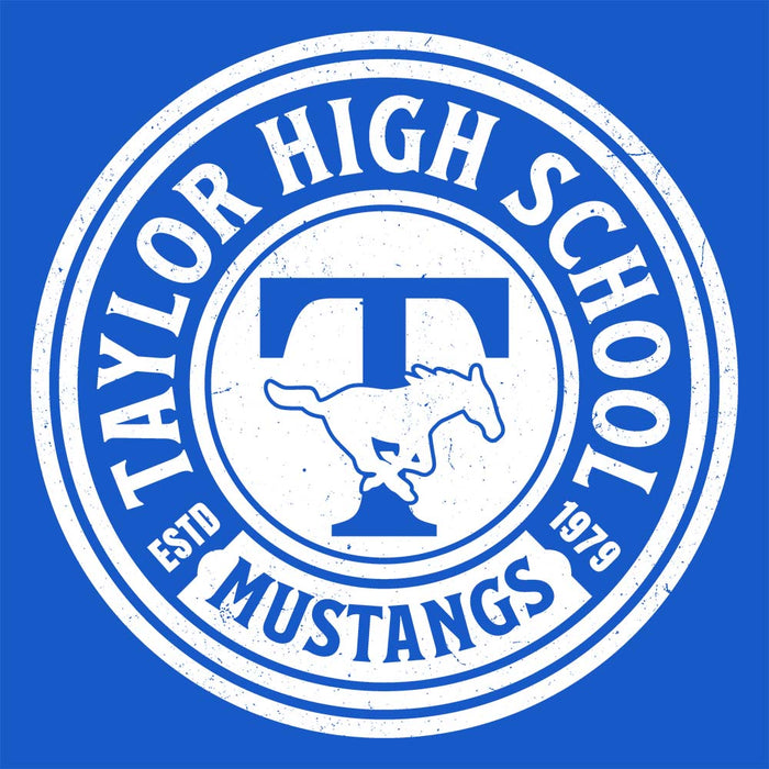 Close-up view of Taylor High School Mustangs Royal Blue Classic Unisex T-shirt 220