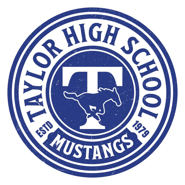 Close-up view of Taylor High School Mustangs Unisex 3/4 sleeve Raglan T-shirt 220